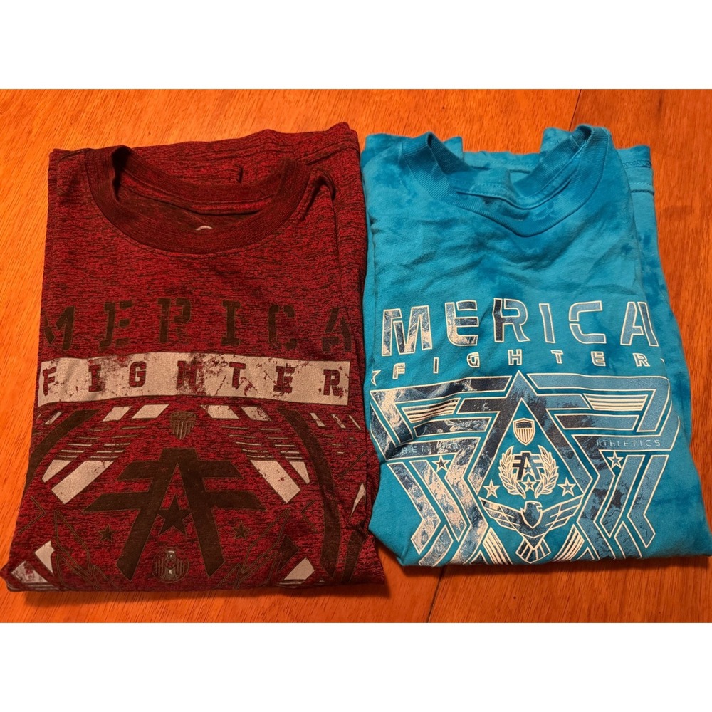 American Fighter Youth Boys T-Shirts Bundle Size Medium Blue TieDye Burgundy 2pk